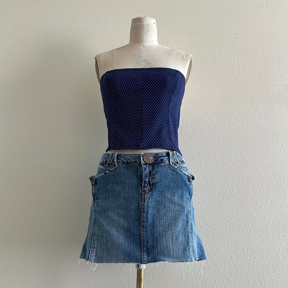 handmade navy blue and white polka dot corset style strapless tube top